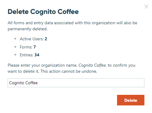 Confirm to delete your organization.