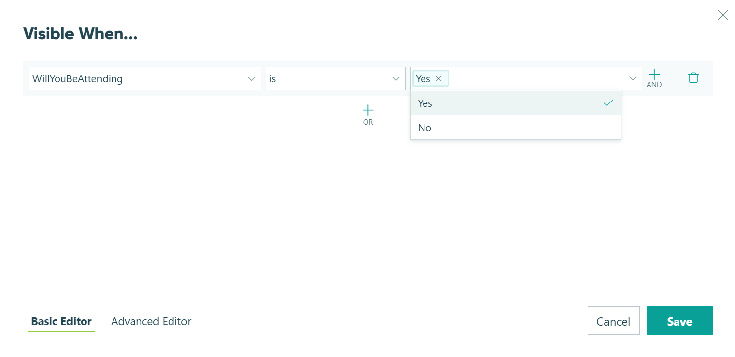 Set the conditions in the conditional logic builder.