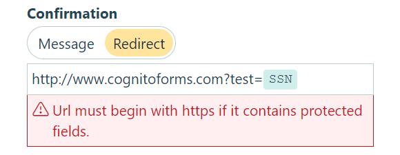 Redirects including sensitive data require HTTPS.