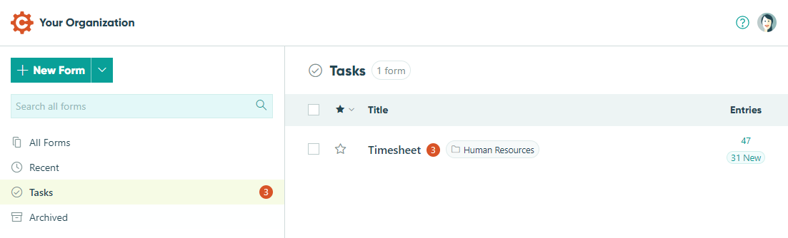 View new tasks on the organization dashboard.