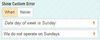 Show a custom error messag when a customer selects Sunday as the date.