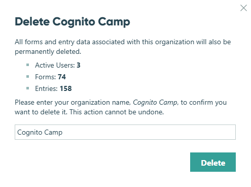 Confirm to delete your organization.