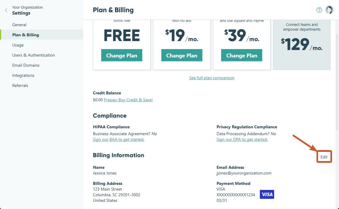 Changing your organization's billing information.