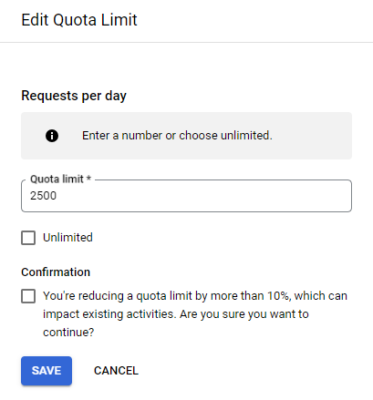 Limit requests per day by editing the quota limit