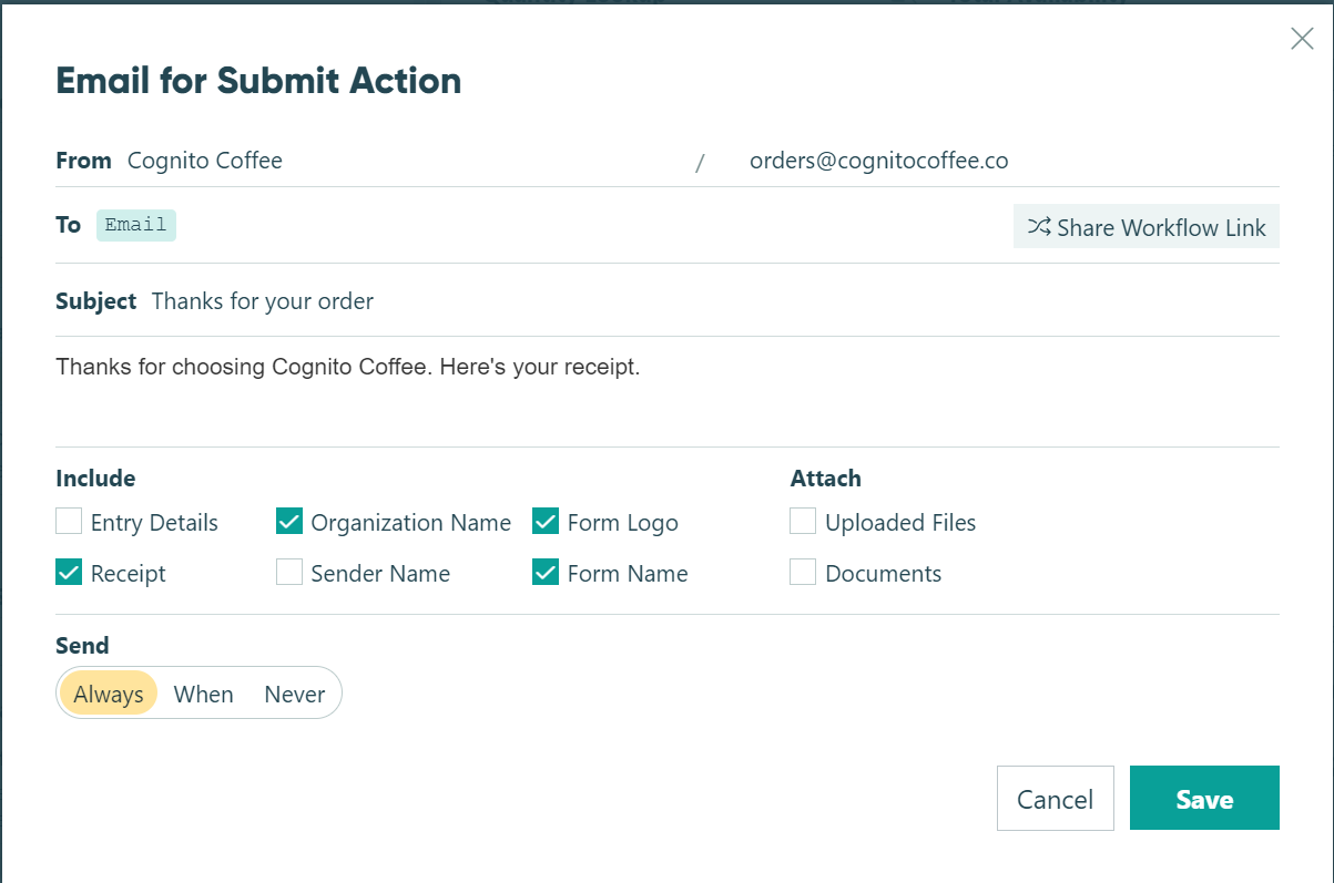 Email for Submit Action dialog.