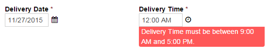 Displays error message when delivery time selected is outside of normal business hours.