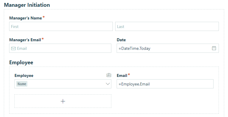 Create sections for the Manager and Employee details.