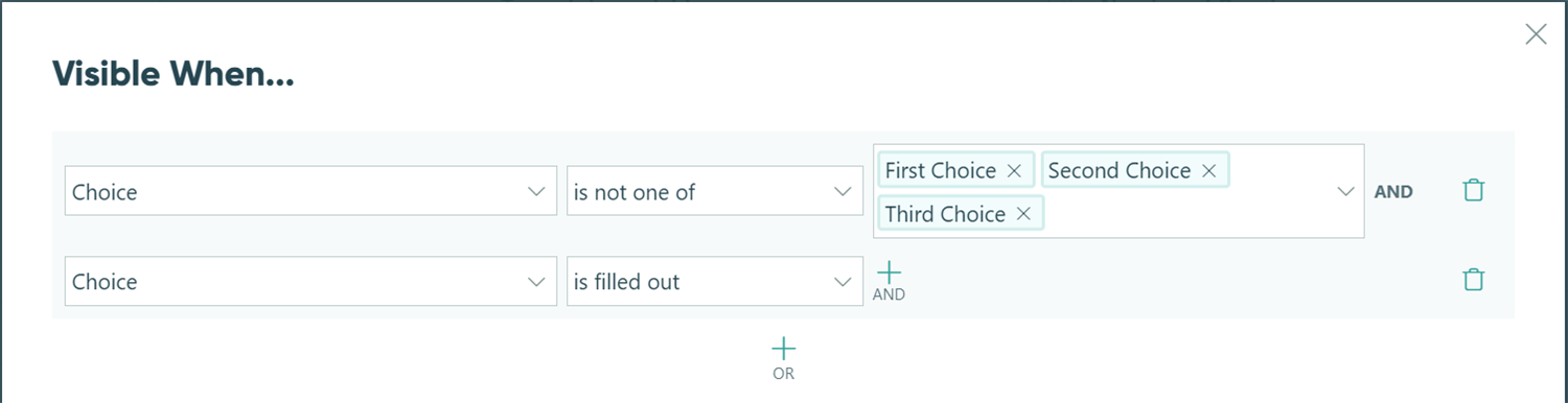 Using the conditional logic builder to determine if a Choice field is filled out and the other option is selected.