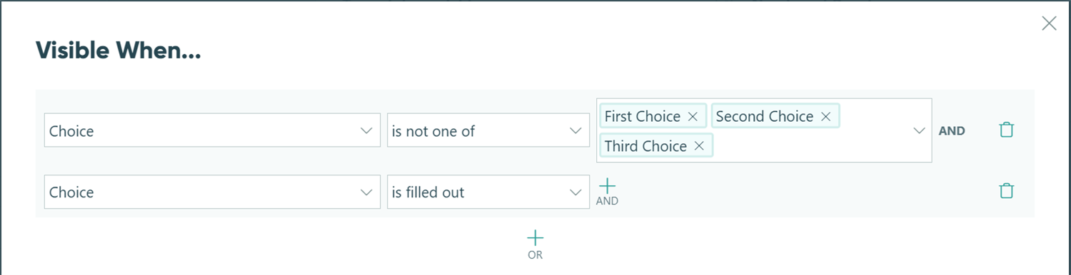 Use the conditional logic builder to determine if a Choice field is filled out and the other option is selected.