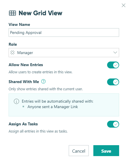 Grid view settings allow you to set roles and allow new entries.