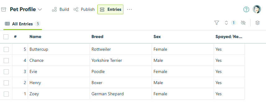 Add new entries to fill out your pet profile.