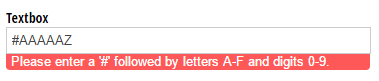 A textbox field displaying an error message when input is improperly formatted.