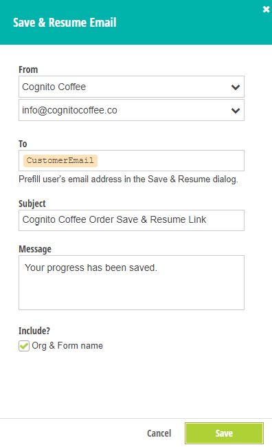 Save & Resume Email dialog.