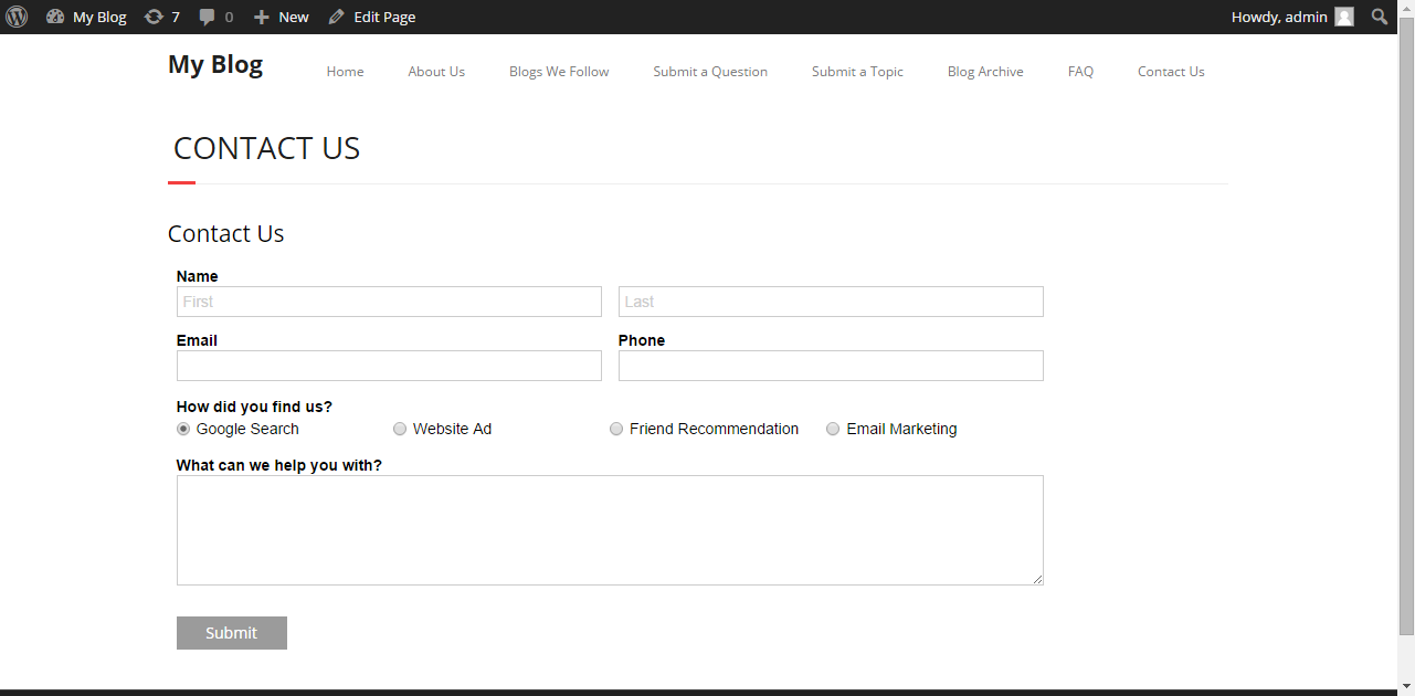 A form directly embedded within WordPress