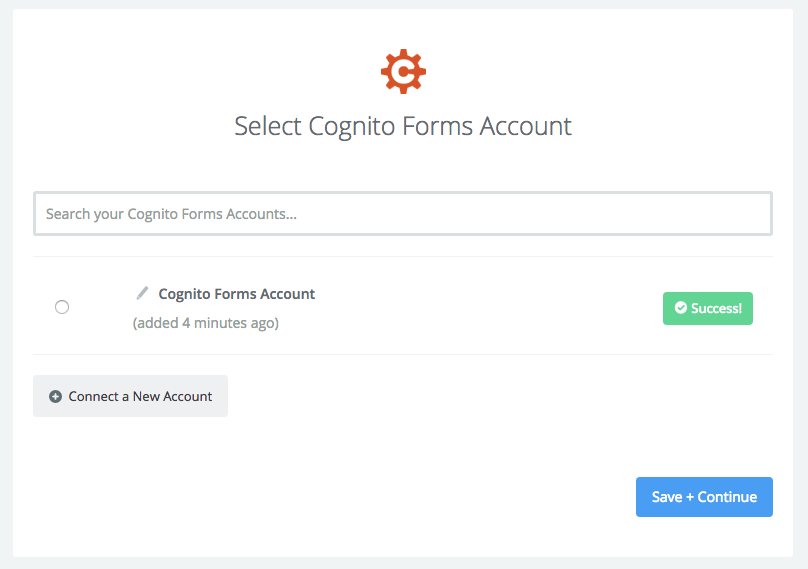 Connect your Cognito Forms account to finish setting up your Zap.