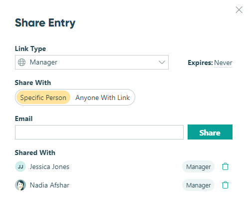 Using the share function to see who you've shared an entry with.