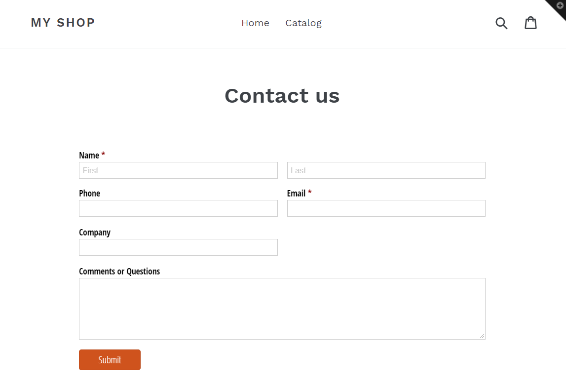 Embedded form in Shopify website.