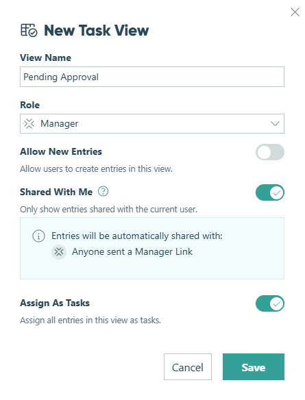 Create a new task view on the Entries page.