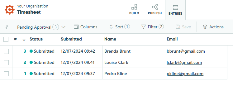 User-specific view for pending timesheets.