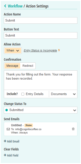 Action Settings are found in the Workflow menu.