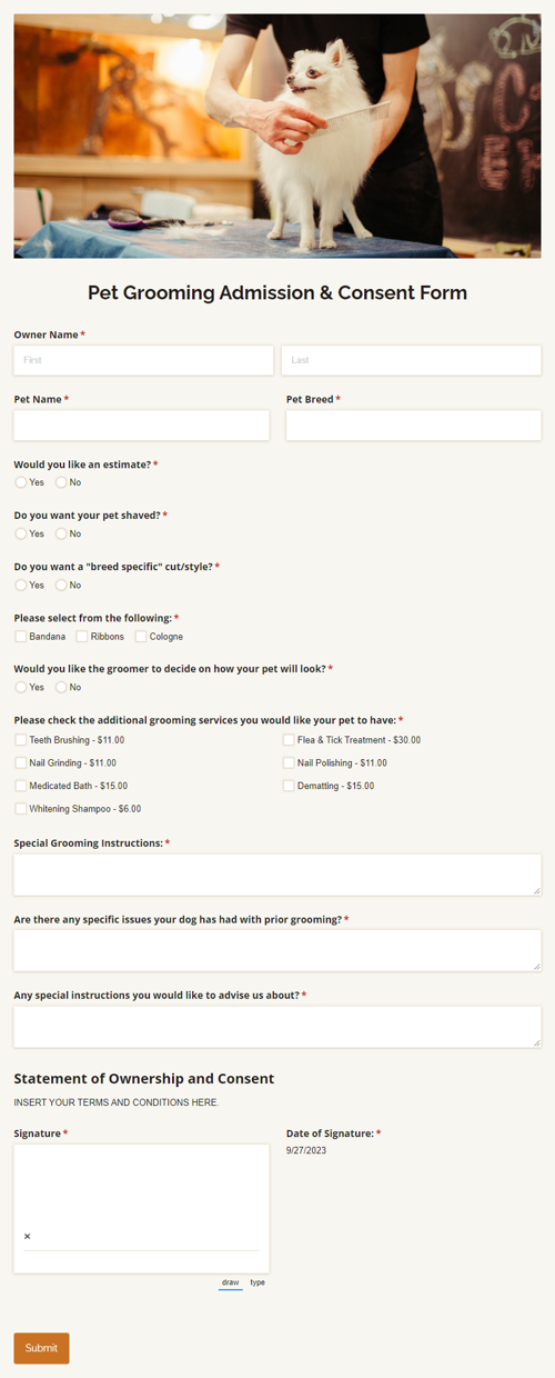Pet Grooming Admission & Consent Form