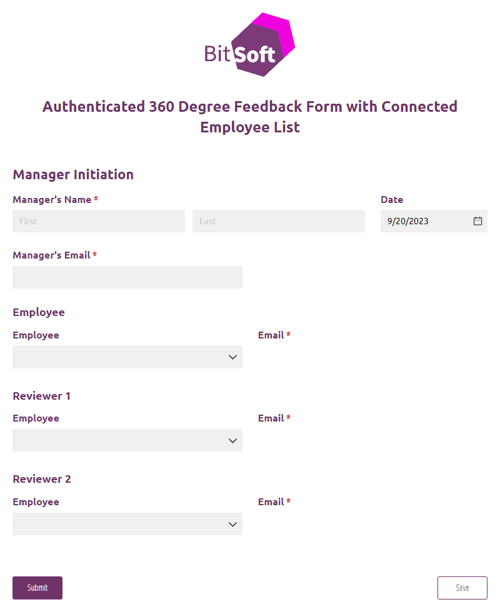 Authenticated 360 Degree Feedback Form with Connected Employee List