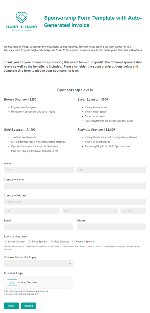 Sponsorship Form Template with Auto-Generated Invoice