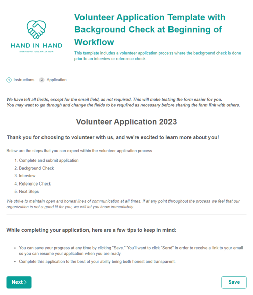 Volunteer Application Form with Background Check at Beginning of Workflow