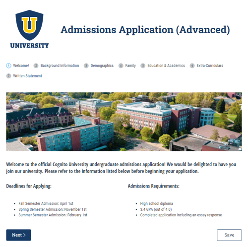 Go to Advanced Admissions Application template