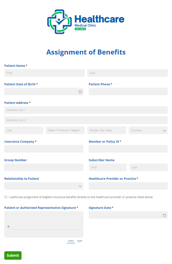 Go to Assignment of Benefits template