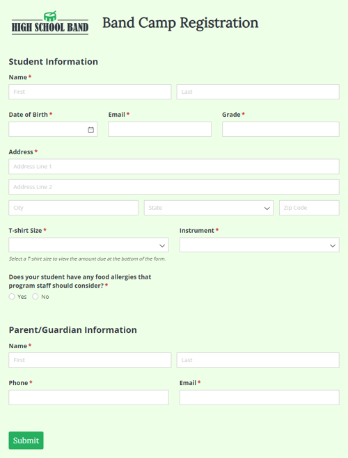 Go to Band Camp Registration template