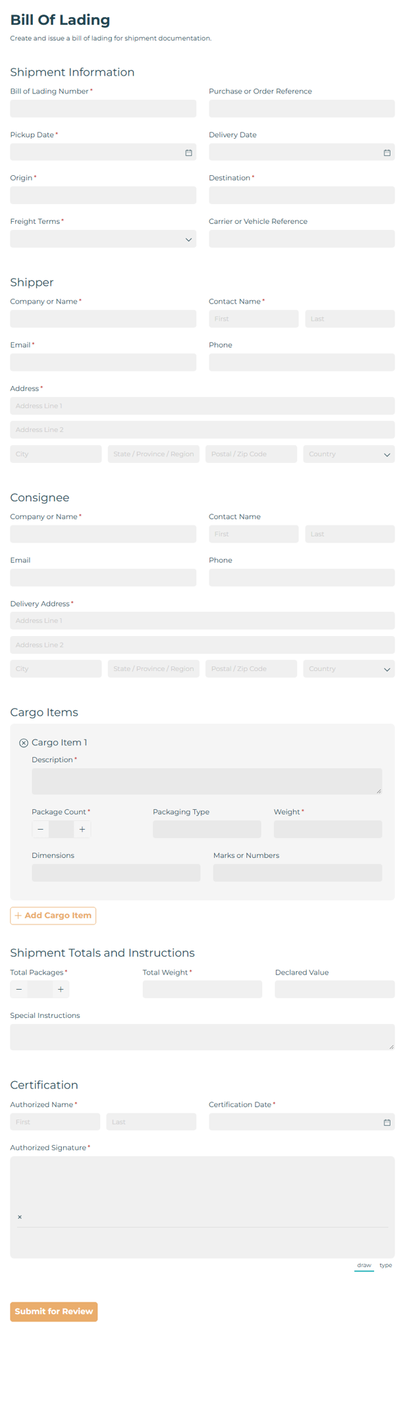 Go to Bill Of Lading template