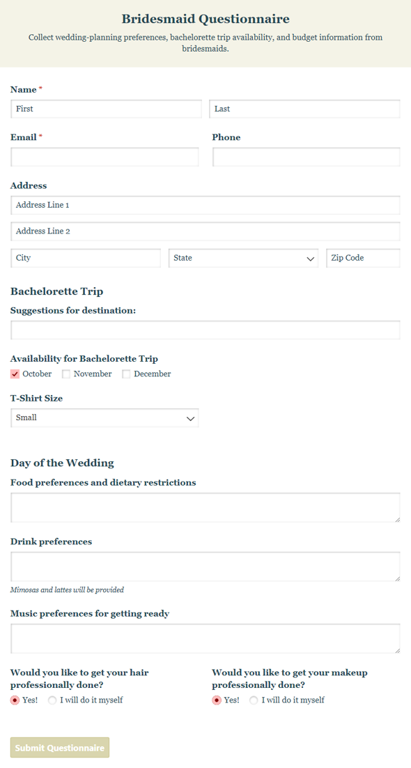 Go to Bridesmaid Questionnaire template