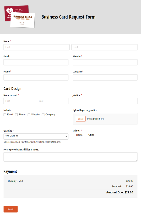 Go to Business Card Request Form template