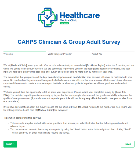 Go to CAHPS Clinician & Group Adult Survey template