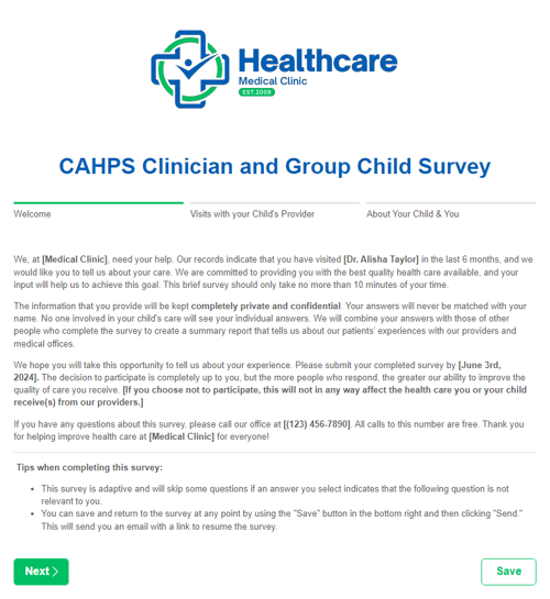 Go to CAHPS Clinician & Group Child Survey template
