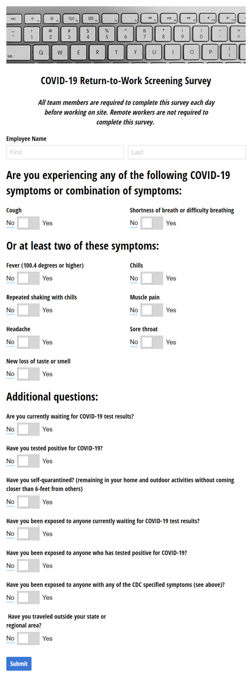 Go to COVID-19 Return-to-Work Screening Survey template