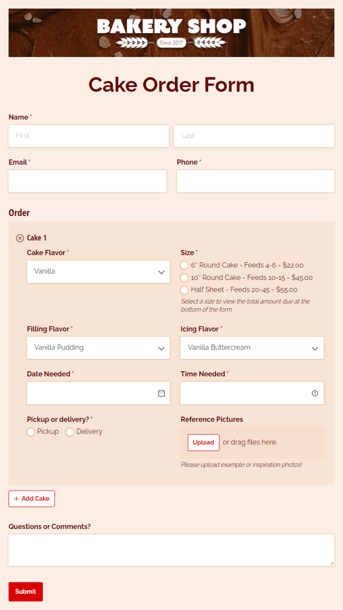 Go to Cake Order Form template
