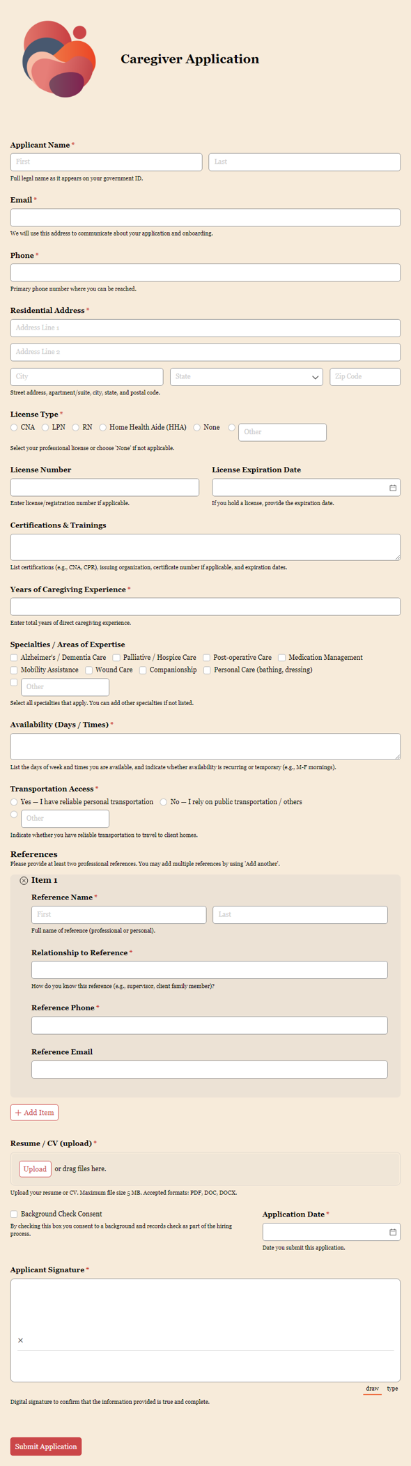 Go to Caregiver Application template