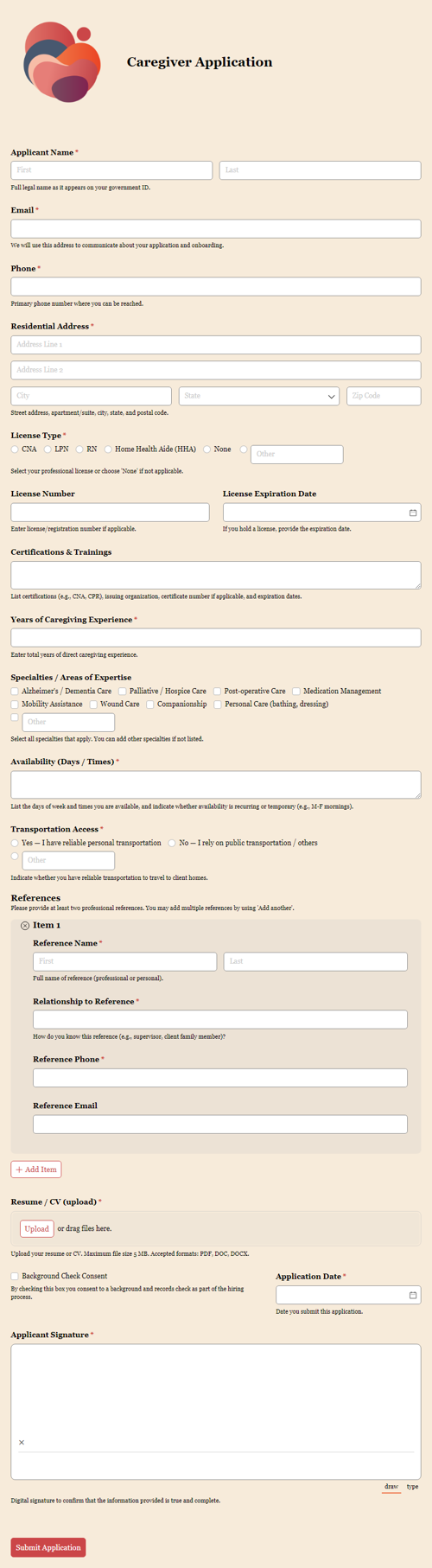Go to Caregiver Application template
