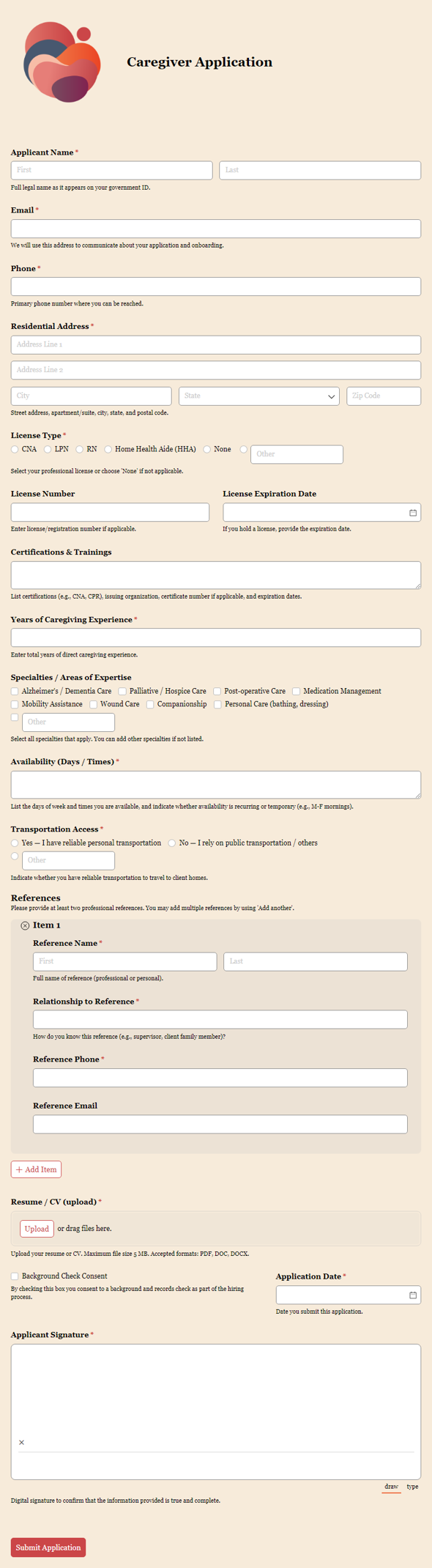 Go to Caregiver Application template
