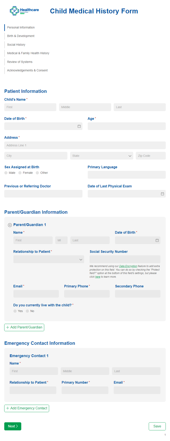Go to Child Medical History Form template