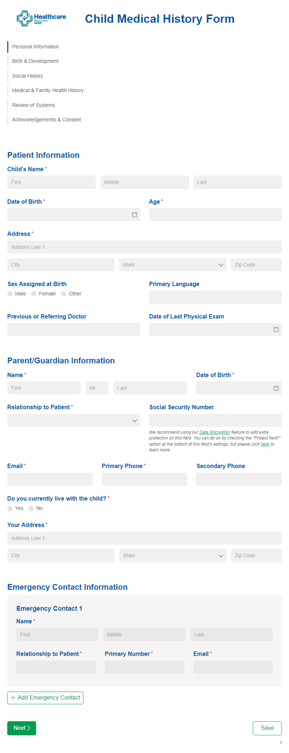 Go to Child Medical History Form template