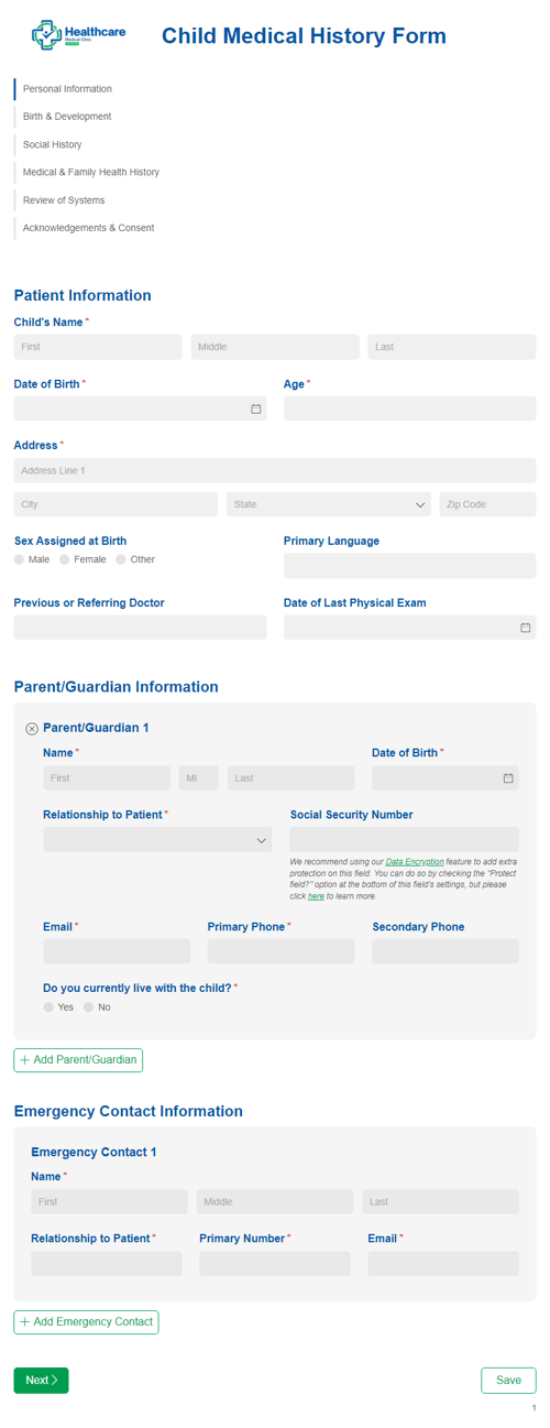 Go to Child Medical History Form template