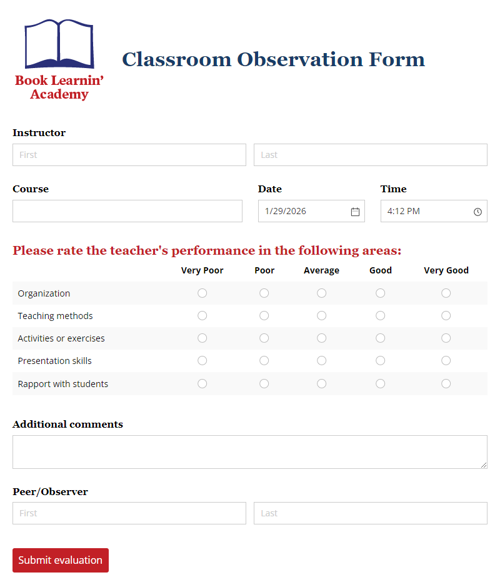 Go to Classroom Observation Form template