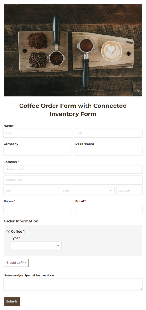 Go to Coffee Order Form with Connected Inventory Form template