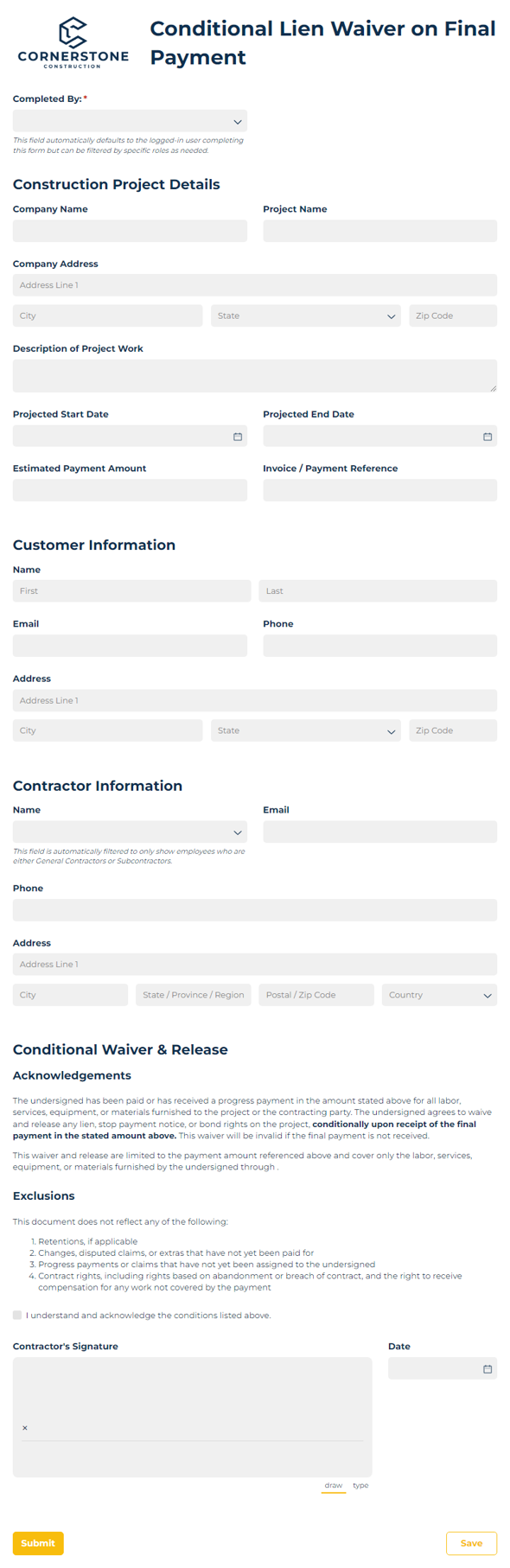 Go to Construction Lien Waiver on Final Payment template