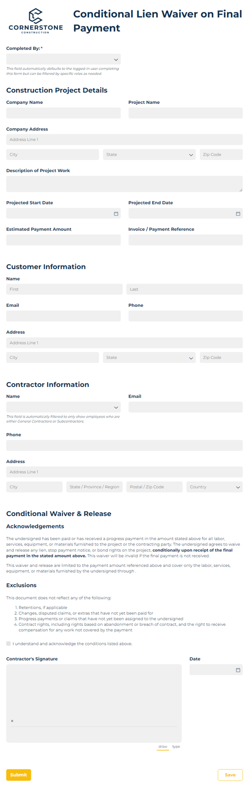 Go to Construction Lien Waiver on Final Payment template