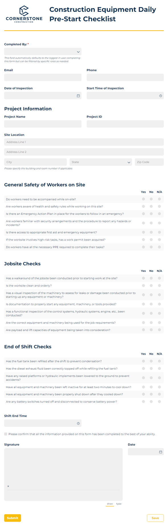 Go to Construction Equipment Daily Pre-Start Checklist template