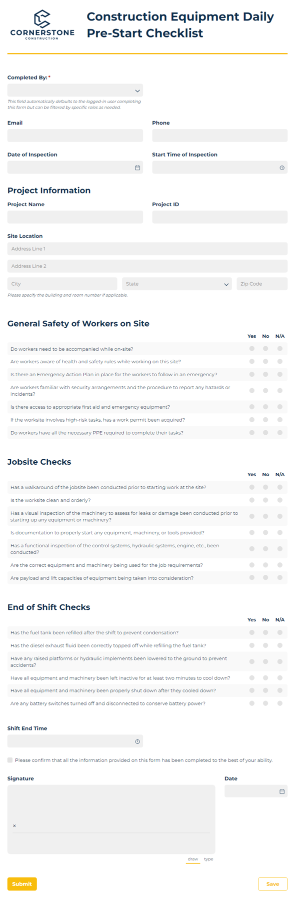 Go to Construction Equipment Daily Pre-Start Checklist template